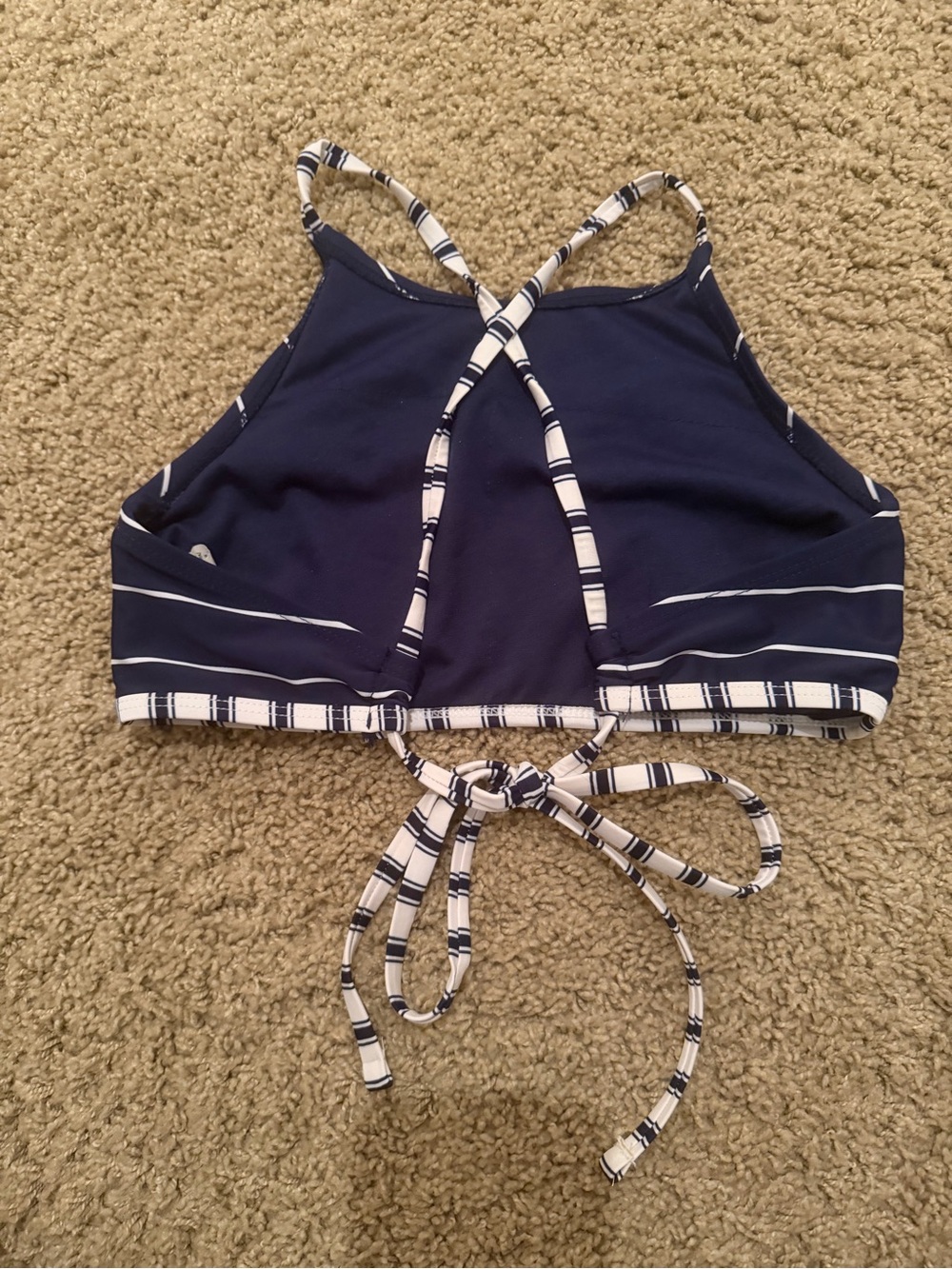 Navy Blue High-Neck Swim Top with Striped Ties